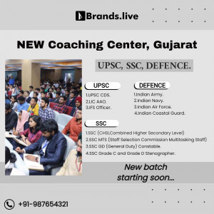 Image of a classroom with students, advertising a new coaching center in Gujarat for UPSC, SSC, and Defence exams.