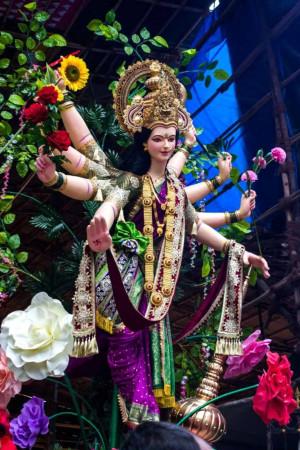 Close-up of a beautifully decorated Goddess Durga idol during a festival
