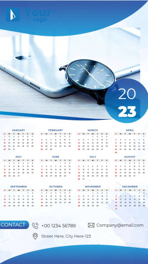 Modern calendar design with a wristwatch and digital devices