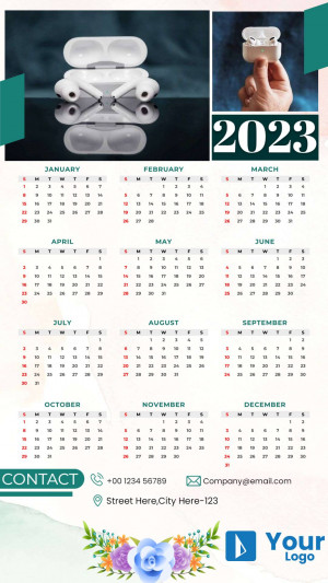 2023 calendar with wireless earbuds and a hand holding a small container, contact information and floral design.