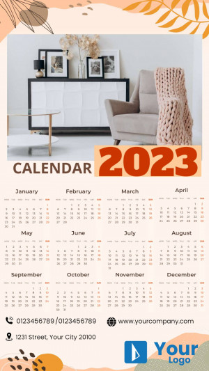 A modern calendar design featuring a stylish living room interior and the year 2023 prominently displayed.