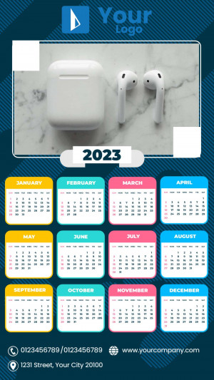 2023 calendar design featuring AirPods and company branding