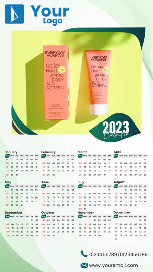 Everyday Humans SPF50 Sunscreen product shot with a 2023 calendar background.