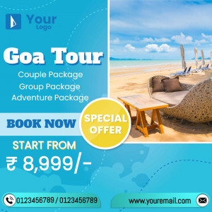 Goa tour package advertisement with beach scene and special offer details.