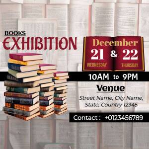 Poster advertising a books exhibition with dates, time, and venue details.