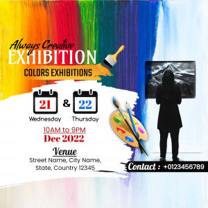 Exhibition poster with colorful paint strokes, brushes, and a silhouette of a person viewing artwork.