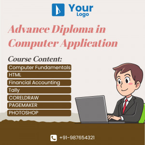 Image promoting an Advance Diploma in Computer Application course with course content and a student using a laptop.