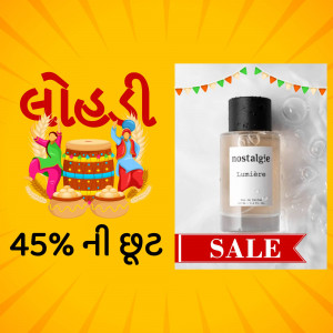 Nostalgie Lumiere perfume bottle with Diwali decorations and sale offer.