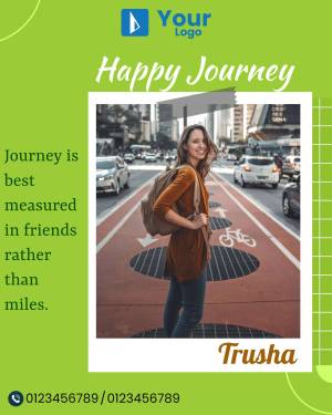 Woman with backpack standing on a city street with text overlay 'Happy Journey' and 'Journey is best measured in friends rather than miles'.