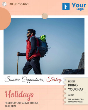 Man hiking in Cappadocia, Turkey with backpack and trekking poles