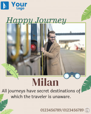 A man on a train with the city of Milan in the background and travel-themed decorations.