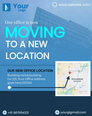 Announcement of office moving to a new location with building image and map