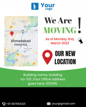 Announcement of office relocation with map and new address details.