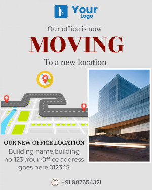 Announcement of a company office relocation with a map and building image.