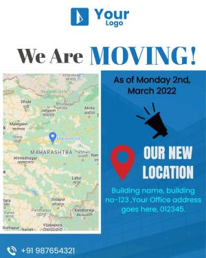 Announcement of a company relocation with new address and map
