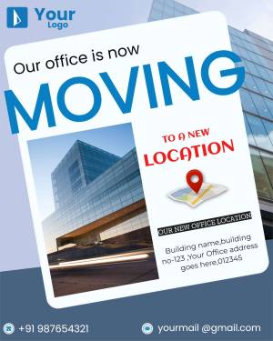 Announcement card for office relocation with a new building image and location details.