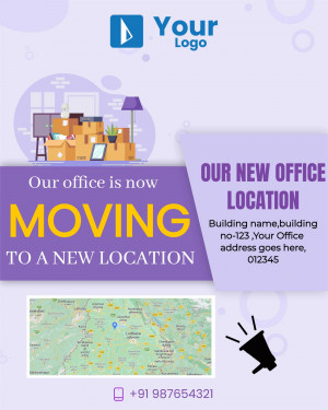 Announcement of a new office location with moving boxes and a map.