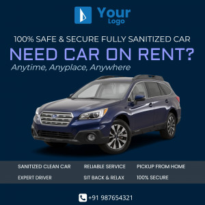 Blue Subaru Outback car rental advertisement with safety and sanitization highlights.