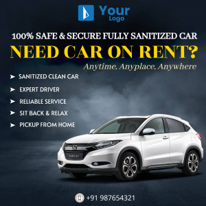 Advertisement for a safe and sanitized car rental service with a white Honda HR-V.