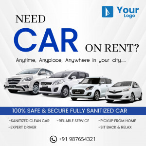 Advertisement for car rental services with sanitized cars and pickup from home.