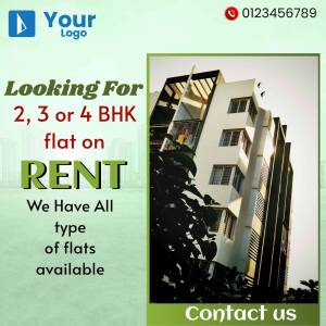 Advertisement for rental flats with building image and contact information.