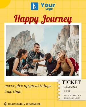 A travel poster featuring a group of friends hiking in the mountains with the text 'Happy Journey'.