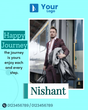 A man in a suit standing in a train doorway with text 'Happy Journey' and 'Nishant'.