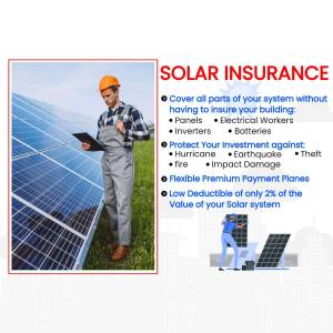 A worker inspecting solar panels with insurance information displayed.