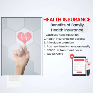 Image depicting the benefits of family health insurance with a hand touching a heart symbol and a tablet showing a doctor.