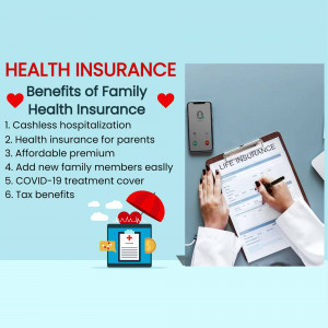 Image depicting benefits of family health insurance with a doctor's hand holding a clipboard and a mobile phone.