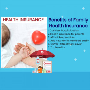 Image depicting the benefits of family health insurance with a heart, umbrella, and medical supplies.