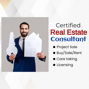 A smiling real estate consultant holding a house-shaped key.