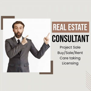 A professional real estate consultant pointing towards the viewer with text overlay 'Real Estate Consultant'