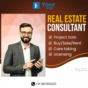Image of a real estate consultant with contact information and services listed.