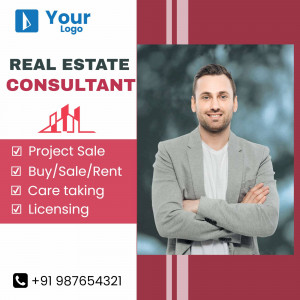 Image of a real estate consultant with contact information and services listed.
