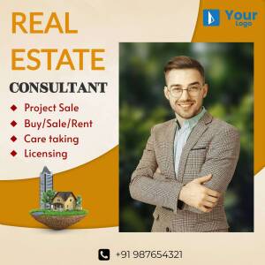 Image of a real estate consultant with services listed.