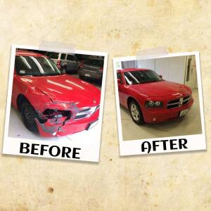 Before and after photos of a red car repair