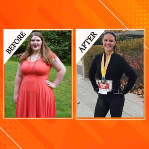 Before and after photo of a woman's weight loss journey