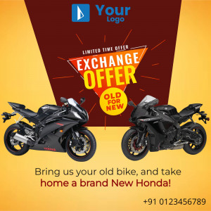 Image of two black motorcycles with an exchange offer banner