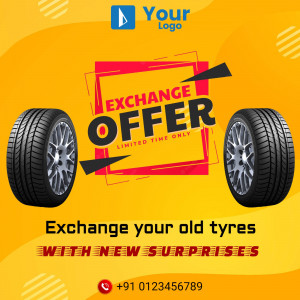 Advertisement for a tyre exchange offer with new tyres and a limited-time promotion.