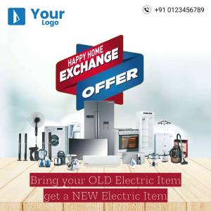 Image promoting a home appliance exchange offer with various appliances displayed.