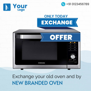 Image of a Samsung microwave oven with a promotional offer for exchanging old ovens.