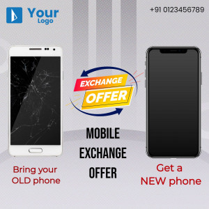 Image depicting a mobile phone exchange offer with a broken phone and a new phone.