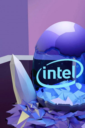 A 3D rendering of an egg-shaped structure with the Intel logo inside, surrounded by crystalline shapes.
