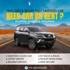 Gray Toyota Fortuner on a desert road with text promoting car rental services.
