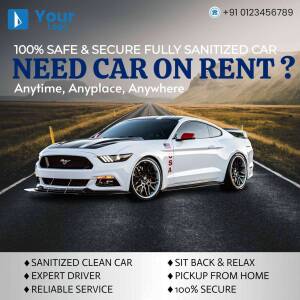 White Mustang car rental advertisement with safety features highlighted.