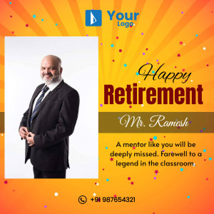 Retirement greeting card for Mr. Ramesh with his photo and a celebratory background.