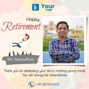 Retirement greeting card for Mr. Samadhan with a photo and celebratory illustration.
