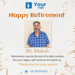 Retirement wishes for Mr. Mukesh with a portrait and celebratory design.