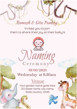 Watercolor baby naming ceremony invitation with animals